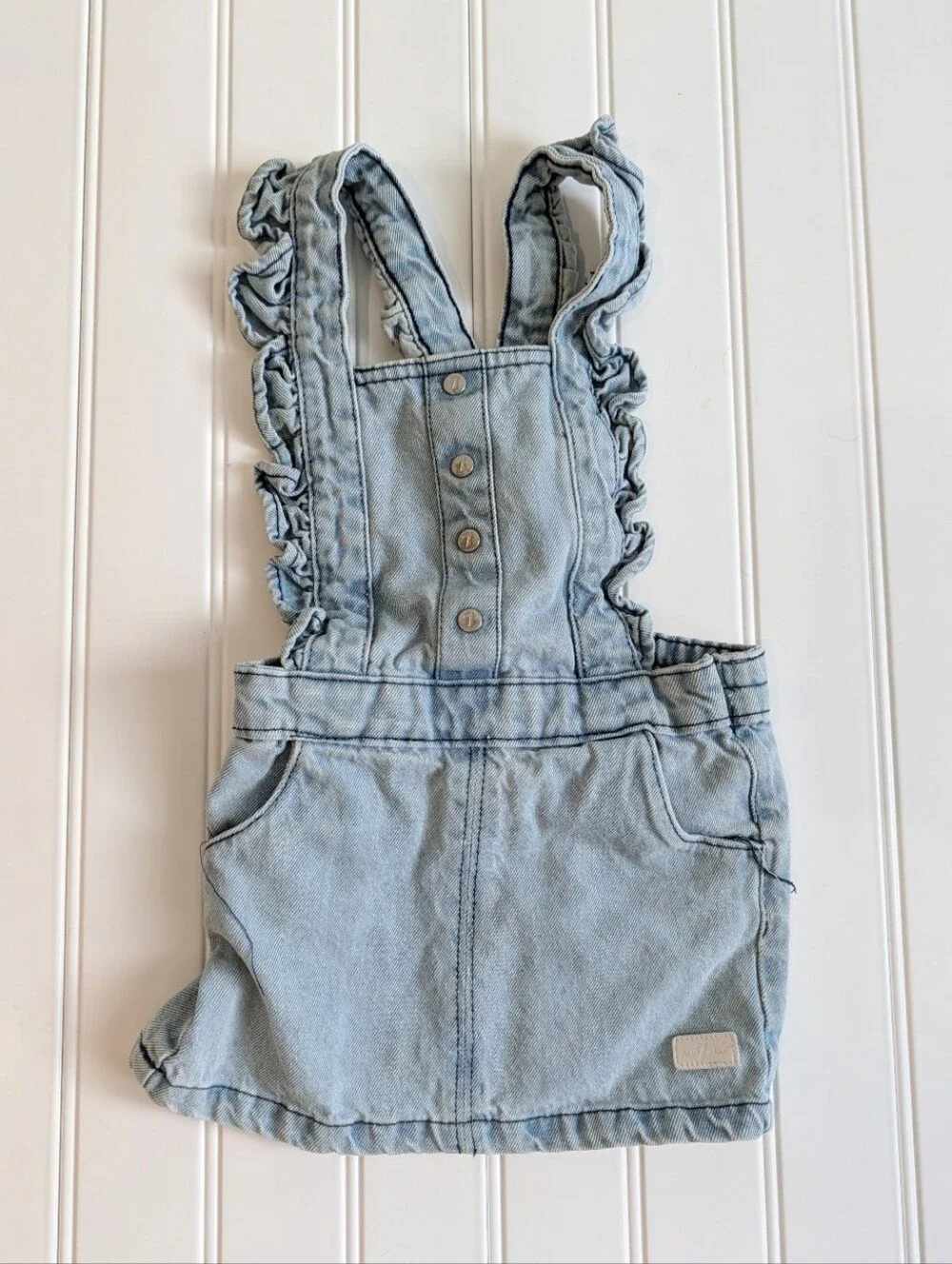 7 For All Mankind Light Blue Denim Ruffle-Trim Overall Skirt 12 Month